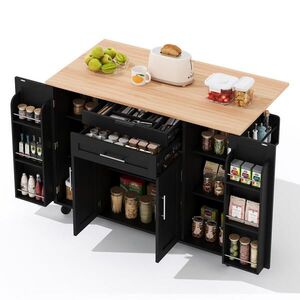 Modfu KUCHYNSKÝ ostrovček z MDF 136x70x92 cm čierna/prírodná na kolieskach s výsuvnou doskou, zásuvkou a nastaviteľnými policami vyobraziť