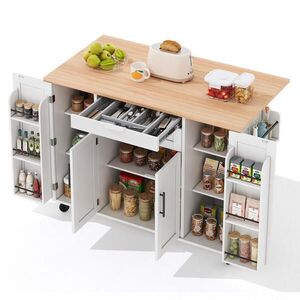 Modfu KUCHYNSKÝ vozík z MDF 136x70x92 cm biely s prírodným dekorom, výsuvnou pracovnou doskou a úložným priestorom vyobraziť