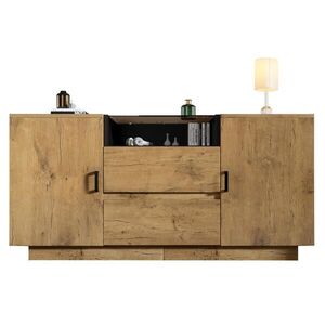 Modfu KOMODA z drevotriesky a tónovaného ESG skla 140x40x70 cm dub s otvoreným priestorom, 2 zásuvkami a 2 skrinkami vyobraziť