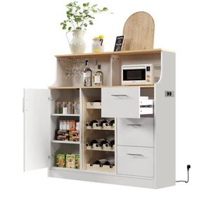 Modfu BAROVÁ komoda z MDF 120x40x121 cm biela a prírodná s LED osvetlením, zásuvkami, držiakom na poháre a vínovým regálom vyobraziť