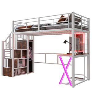 Modfu VYVÝŠENÁ posteľ z kovu a MDF 90x200 cm biela s LED osvetlením, písacím stolom, skriňou a úložným rebríkom vyobraziť