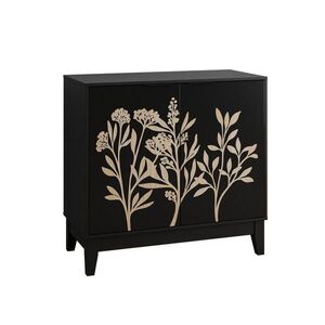 Modfu KOMODA z MDF 80x38x76 cm čierna s 2 dvierkami, nastaviteľnými policami a vyrezávaným kvetinovým motívom vyobraziť