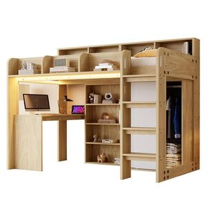 Modfu VYVÝŠENÁ posteľ z MDF 90x200 cm prírodná s písacím stolom, skriňou, LED osvetlením a zásuvkou vyobraziť