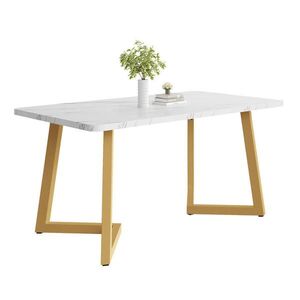 Modfu JEDÁLENSKÝ stôl z MDF 117x68x75 cm bielo-zlatý s kovovými nohami a mramorovým vzhľadom vyobraziť
