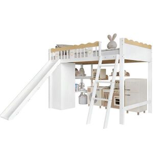 Modfu VYVÝŠENÁ detská posteľ z masívneho dreva a MDF 90x200 cm biela/prírodná so šmykľavkou, skriňou a úložnou skrinkou vyobraziť