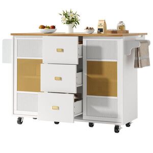 Modfu KUCHYNSKÝ ostrovček z MDF a kovu 146, 85x70x90 cm biely so sklápacou doskou, kolieskami a veľkým úložným priestorom vyobraziť