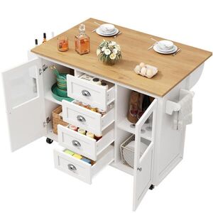 Modfu KUCHYNSKÝ ostrovček z MDF a kovu 137, 9x73x92, 5 cm biely so sklopnou doskou, kolieskami a 4 zásuvkami vyobraziť