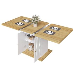 Modfu JEDÁLENSKÝ stôl z MDF a kovu 110x70x76, 5 cm biely rozkladací s úložným priestorom a reliéfnym dekorom vyobraziť