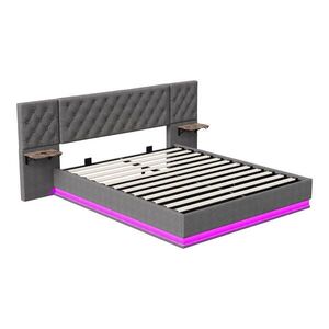ČALÚNENÁ posteľ 160x200 cm sivá s RGB LED, úložným priestorom, USB-C a bezdrôtovým nabíjaním, ľanový poťah vyobraziť
