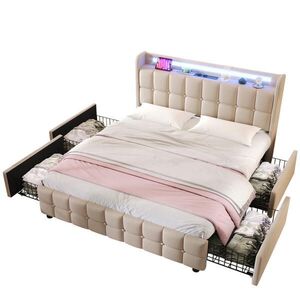 ČALÚNENÁ posteľ 180x200 cm béžová so 4 zásuvkami, lamelovým roštom, LED osvetlením a USB portom vyobraziť