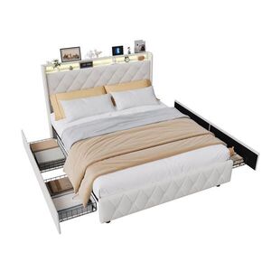 EuroLiving ČALÚNENÁ posteľ 140x200 cm so 4 zásuvkami, LED, USB a Type-C, čelo pre manželskú posteľ a lamelový rošt, béžová vyobraziť