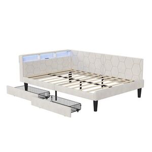 EuroLiving ČALÚNENÁ posteľ 140x200 cm denná posteľ s 2 zásuvkami, LED a USB, manželská posteľ s úložným priestorom v čele, béžová vyobraziť