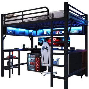 STILVORA VYSOKÁ POSTEĽ 140/200 cm čierna so stolom, regálom, zásuvkami, LED a USB vyobraziť