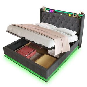 Redom ČALÚNENÁ posteľ 160/200 cm s 360° LED osvetlením, USB a hydraulickým úložným priestorom, s matracom, Sivá vyobraziť