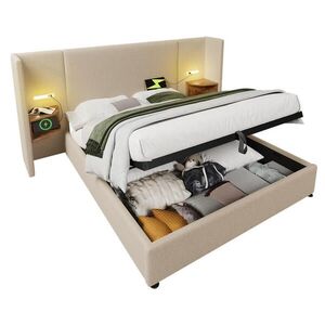 Redom ČALÚNENÁ posteľ 160/200 cm s LED svetlom, USB a Type-C nabíjaním, hydraulickým úložným priestorom a nočným regálom, Beige vyobraziť
