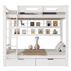 OKWISH POSCHODOVÁ posteľ 205/99, 5/175 cm biela/prírodná z masívneho dreva a MDF s regálom a 2 zásuvkami vyobraziť