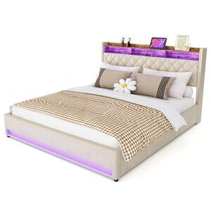 OKWISH ČALÚNENÁ posteľ 180/200 cm, béžová, s LED svetelným pásom a USB portmi vyobraziť