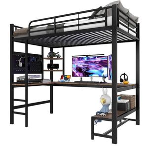 Modenvie VYVÝŠENÁ posteľ 90/200 cm z kovu a MDF, čierna, s písacím stolom, LED a USB-C vyobraziť