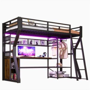 Modenvie VYVÝŠENÁ posteľ 90/200 cm z kovu a MDF čierna, s písacím stolom, osvetlením a zásuvkou vyobraziť