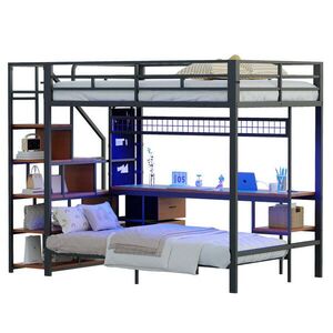 Modenvie VYVÝŠENÁ posteľ 140/200 a 90/200 cm z kovu a MDF v čiernej farbe s písacím stolom a LED vyobraziť
