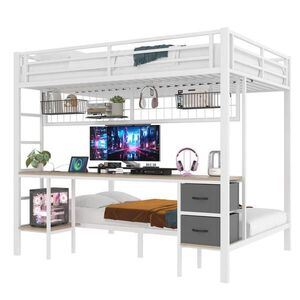Modenvie VYVÝŠENÁ posteľ 140/200 cm z kovu a MDF v bielej farbe, s písacím stolom a LED osvetlením vyobraziť