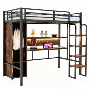 Modenvie VYVÝŠENÁ posteľ z kovu, 90/200 cm čierna, s písacím stolom, skriňou a LED osvetlením vyobraziť