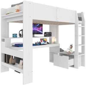 Modenvie VYVÝŠENÁ posteľ z borovicového dreva, 90/200 cm biela, s písacím stolom a LED osvetlením vyobraziť