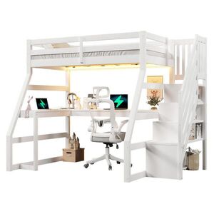 Modenvie VYVÝŠENÁ posteľ 90/200 cm z borovice a MDF, biela, s písacím stolom a LED osvetlením vyobraziť