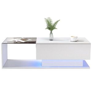 OKWISH KONFERENČNÝ stolík 100/50/32 cm biely z drevotriesky s vysokým leskom, sklom, zásuvkou a LED osvetlením vyobraziť