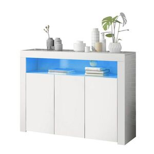 OKWISH KOMODA 130/35/95 cm biela s LED osvetlením z drevotriesky s 3 dverami a otvorenými priehradkami vyobraziť