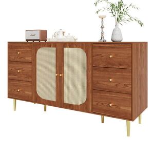 Modenvie ŠIROKÁ komoda 160/40/90 cm z MDF v dekore dreva s ratanovými dvierkami vyobraziť