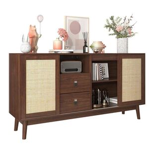 Modenvie ŠIROKÁ komoda 155/38/80 cm z MDF a drevotriesky v tmavom dekore dreva s ratanom vyobraziť