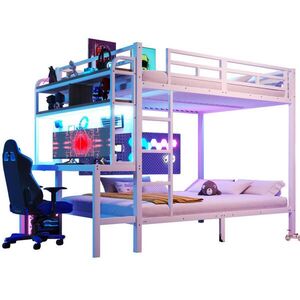 Modenvie POSCHODOVÁ posteľ 140/200 cm z kovu a MDF v bielej farbe, s písacím stolom, LED a USB vyobraziť