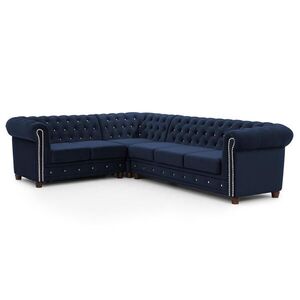 S-Style ROHOVÁ SEDAČKA Chesterfield Cleo Blink námornícka modrá, zamat s kryštálovým prešívaním, funkcia spania - otoman vľavo vyobraziť