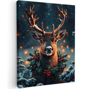 MuchoWow OBRAZ NA PLÁTNE Jeleň - Vianoce - Zima - Sneh - Vianočný veniec 60x80 cm vyobraziť