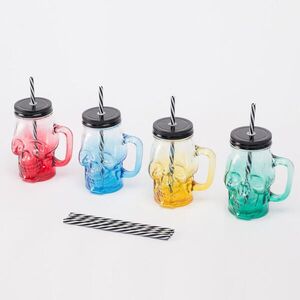 Relaxdays POHÁR Farebný 4-dielny-set lebka s viečkom a slamkou 500 ml vyobraziť