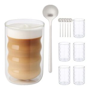 Relaxdays POHÁRE Transparentná Strieborná set-6 ks dvojstenné borosilikátové sklo s lyžičkami 350 ml vyobraziť