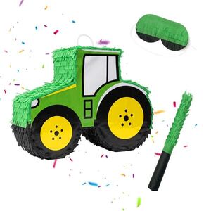 Relaxdays PIŇATA Zeleno-žltá traktor 3-dielna-sada s palicou a maskou vyobraziť