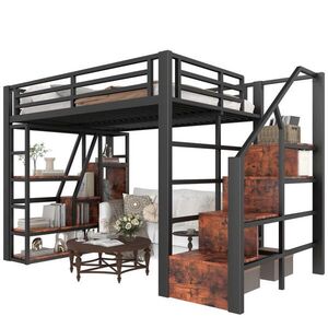 OKWISH VYSOKÁ posteľ 140/200 cm čierna z MDF a kovu s LED osvetlením úložnými schodíkmi a otvoreným priestorom vyobraziť