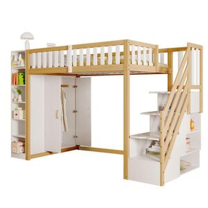 OKWISH VYSOKÁ posteľ 90/200 cm 290/96, 5/173 cm biela a prírodná farba dreva z dreva s úložným priestorom a skriňou vyobraziť