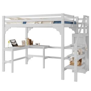 OKWISH VYSOKÁ posteľ 140/200 cm biela z borovice a MDF s písacím stolom a otvoreným šatníkom vyobraziť