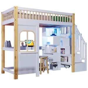 OKWISH VYSOKÁ posteľ 90/200 cm biela/prírodná z borovice s LED osvetlením písacím stolom a úložným rebríkom vyobraziť