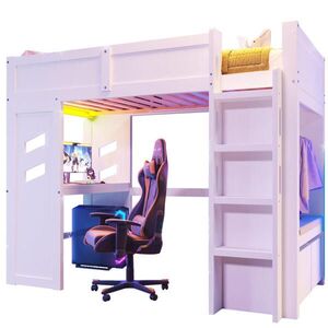 OKWISH VYSOKÁ posteľ 90/200 cm biela z borovice a MDF s písacím stolom LED osvetlením a zásuvkami vyobraziť