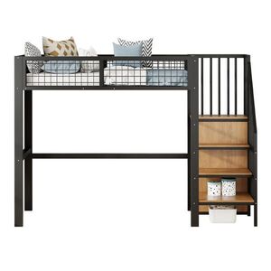 OKWISH VYSOKÁ posteľ 90/200 cm 255/95/176 cm čierna z kovu s rebríkom, šatníkom a úložným regálom vyobraziť