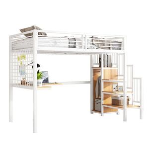 OKWISH VYSOKÁ posteľ 90/200 cm biela/prírodná s písacím stolom a šatníkom z kovu a MDF vyobraziť