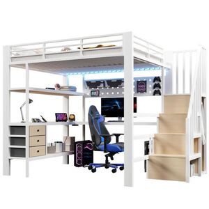 OKWISH VYSOKÁ posteľ 140/200 cm biela z kovu a MDF s písacím stolom zásuvkami LED osvetlením a zásuvkou vyobraziť
