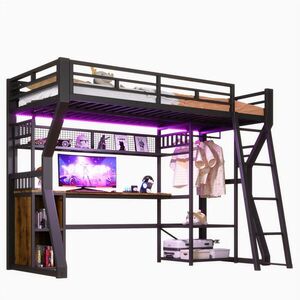 OKWISH VYSOKÁ posteľ 90/200 cm čierna z MDF a kovu s LED osvetlením zásuvkou šatníkovou tyčou a písacím stolom vyobraziť
