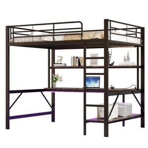 OKWISH VYSOKÁ posteľ 140/200 cm čierna z kovu a MDF s písacím stolom LED osvetlením USB a zásuvkou vyobraziť
