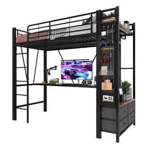 OKWISH VYSOKÁ posteľ 90/200 cm čierna z kovu s písacím stolom LED osvetlením a 4 zásuvkami vyobraziť