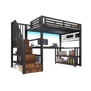 OKWISH VYSOKÁ posteľ 90/200 cm čierna s písacím stolom LED osvetlením a úložnými schodmi z kovu a MDF vyobraziť